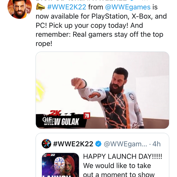 Drew Gulak had so much fun performing in the tutorial that he changed his twitter handle when the game launched.