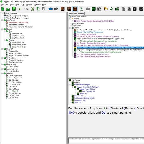 Starcraft II's Trigger Editor.  I built a AI for the minions and enemy hero.  Here you can see Muradin's respawn script that will bring him back to life when he dies.