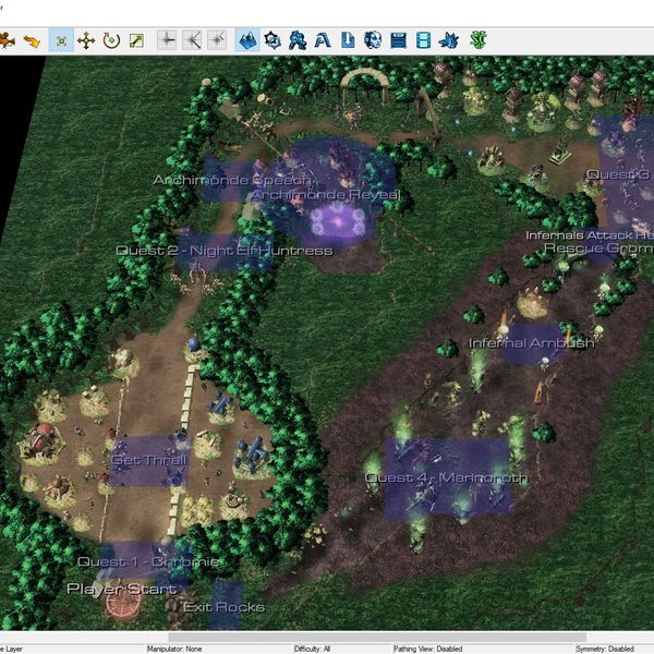 An overview map of the level.  You start and end in the bottom left.  Each major quest region is highlighted in blue.